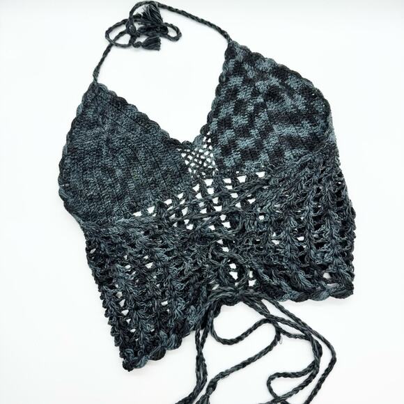 Handmade Crochet Knit Festival Whimsigoth Halter Crop Top Lace Up Back Blue/Grey - Picture 4 of 6